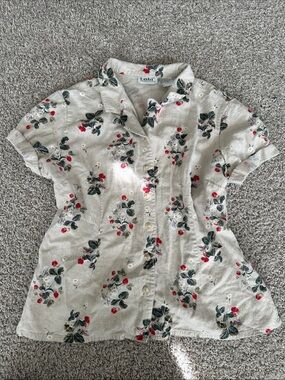 Vintage linen blend strawberry print shirt